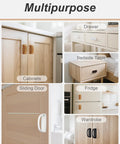 8 Pack Adhesive Cabinet Handles Peel and Stick Drawer Pulls White No Drill Easy Stick On Furniture Hardware shown on various surfaces.