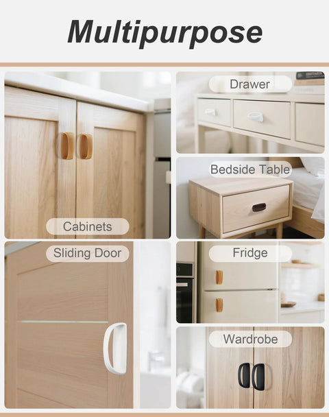 8 Pack Adhesive Cabinet Handles Peel and Stick Drawer Pulls White No Drill Easy Stick On Furniture Hardware shown on various surfaces.