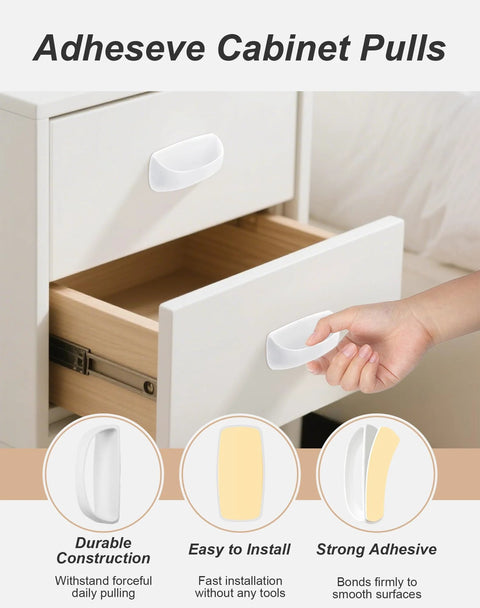 Hand using 8 Pack Adhesive Cabinet Handles Peel and Stick Drawer Pulls White No Drill Easy Stick On Furniture Hardware on drawer