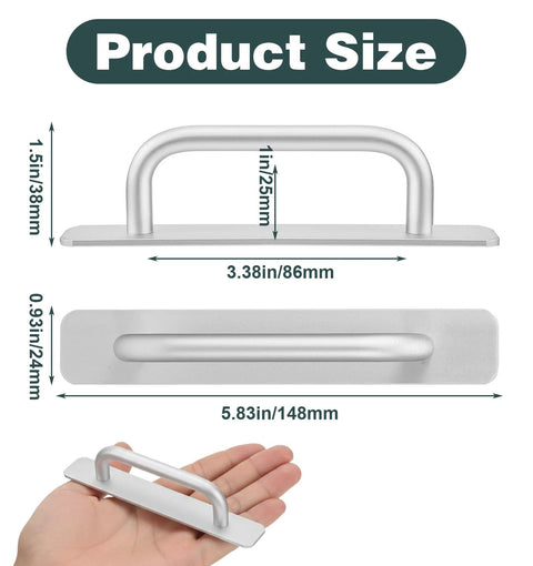 Product dimensions of Adhesive Cabinet Handles 2 Pack 5.8 Inch No Drill Push Pull Self Stick Installation, shown in hand and diagram.
