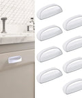 8 Pack Adhesive Cabinet Handles Peel and Stick Drawer Pulls White No Drill displayed with one handle installed on a cabinet.