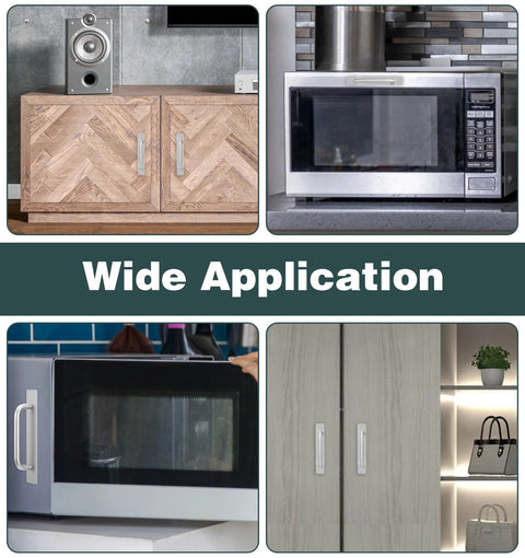 Adhesive Cabinet Handles 2 Pack 5.8 Inch No Drill Push Pull Self Stick Installation shown on cabinets and appliances for versatile use
