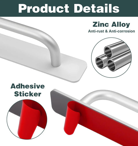 Adhesive Cabinet Handles 2 Pack 5.8 Inch No Drill Push Pull Self Stick Installation with zinc alloy and adhesive sticker details.