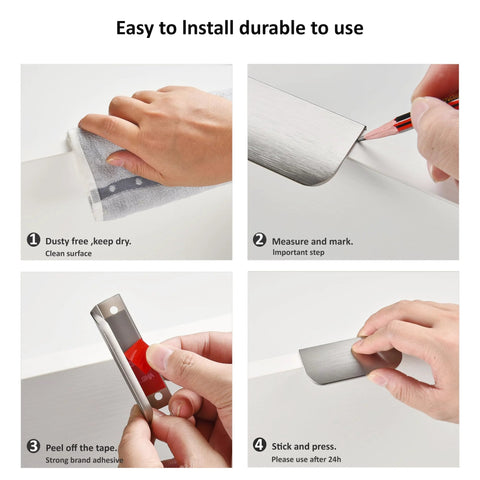 Edge Finger Pulls for Cabinets Brushed Nickel 3.15 Inch Pack of 5 Peel and Stick No Drill installation steps, showing adhesive use.