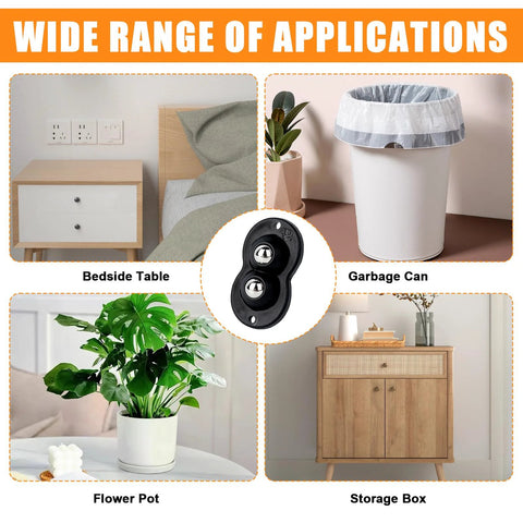24 Pcs Self Adhesive Caster Wheels 360 Degree Swivel Silent Rollers Set shown on bedside table, garbage can, flower pot, storage box