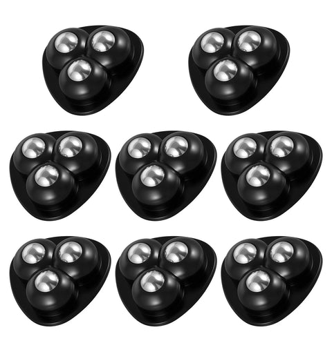 Image of 8 black adhesive caster wheels for appliances, featuring 360 swivel mini rollers with self adhesive tape for quick install.