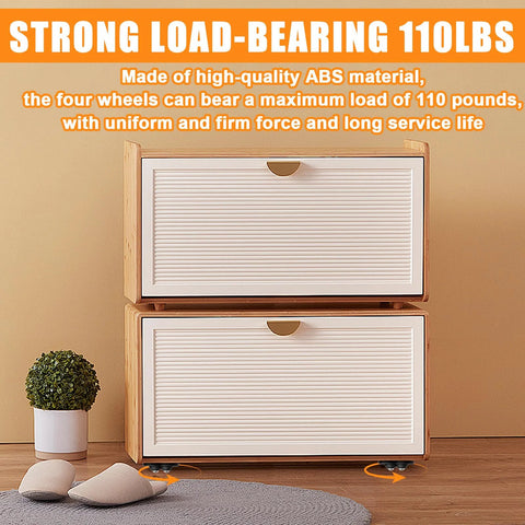 Stacked storage boxes with 24 Pcs Self Adhesive Caster Wheels 360 Degree Swivel Silent Rollers Set For Appliances And Storage Boxes, Universal Fit For Coffee Makers And Lightweight Equipment, Black With Steel Ball, Each Wheel Supports Up To 110 Lbs When Used In Sets Of Four at the base, highlighting the strong load-bearing capacity.