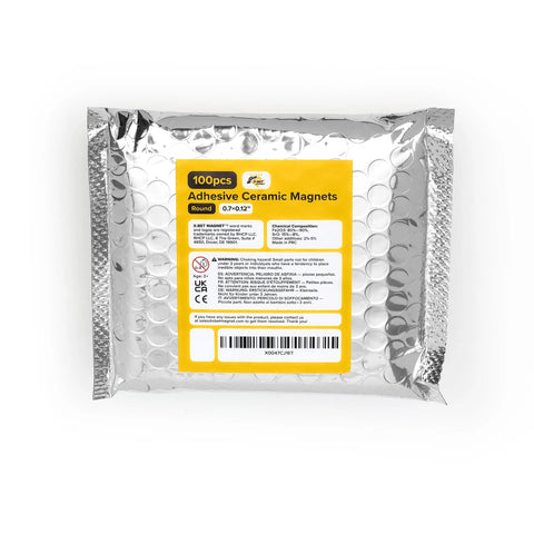 Heavy Duty Ceramic Round Magnets With Adhesive Backing 100 Pack 0.7 x 0.12 In packaging view
