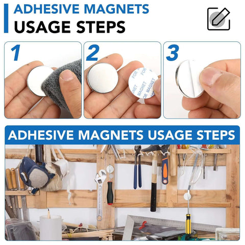 Usage steps for Neodymium Disc Magnets 32mm Diameter 3mm Thick With Double Sided Adhesive in workshop setting.