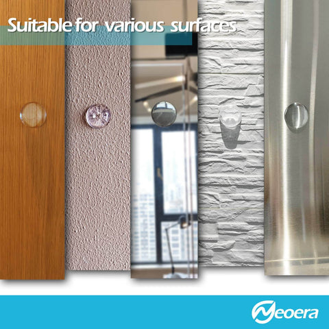 Clear Eight Pack Door Stopper Wall Protector with Adhesive Gel Bumpers on various surfaces, easy install, no drill needed.
