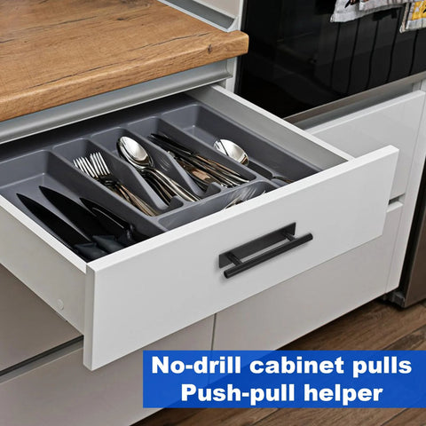 Open kitchen drawer with Self Stick Push Pull Drawer Pulls Adhesive Handles for cabinets, featuring black peel-and-stick handle.