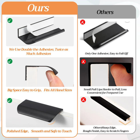 Comparison of 20 Pack Self Adhesive Finger Pulls For Cabinets No Drill Edge Pull Handles with others, showing double adhesive and smooth edge.