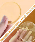 Six Pack Adhesive Door Stopper Wall Protectors Clear Gel Bumpers shown as disc shape being held and cleaned