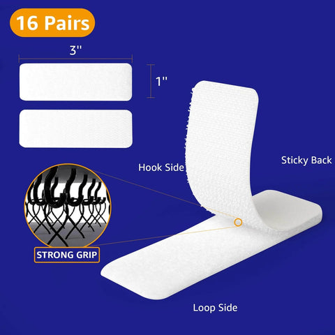 Heavy Duty Adhesive Hook And Loop Tape Strips 16 Sets 1 By 3 Inch Double Sided Fasteners With Strong Back Adhesive Residue Free Mount For Fabric School Office Dorm Home Use White