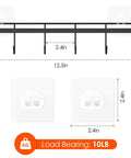 Adhesive Kitchen Hooks Utensil Hanger Holder Hanging Rack 2 Pack, dimensions and load bearing capacity display, black metal hooks.