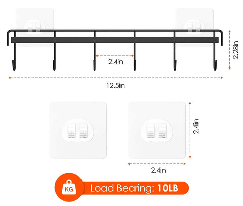 Adhesive Kitchen Hooks Utensil Hanger Holder Hanging Rack 2 Pack, dimensions and load bearing capacity display, black metal hooks.