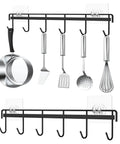 Adhesive Kitchen Hooks Utensil Hanger Holder Hanging Rack 2 Pack, Wall Mounted Kitchen Rail with Pots and Utensils Displayed