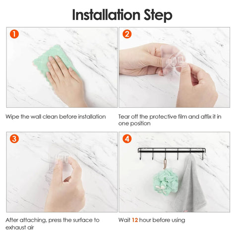 Step-by-step installation guide for Adhesive Kitchen Hooks Utensil Hanger Holder Hanging Rack 2 Pack on a marble surface.