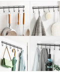 Adhesive Kitchen Hooks Utensil Hanger Holder Hanging Rack 2 Pack, mounted on wall with utensils, towels, bags displayed