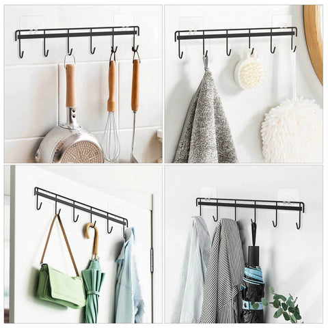 Adhesive Kitchen Hooks Utensil Hanger Holder Hanging Rack 2 Pack, mounted on wall with utensils, towels, bags displayed