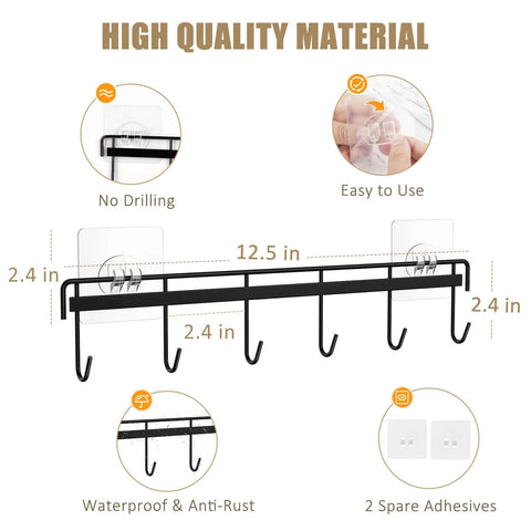 Diagrams and features of Kitchen Utensil Hanger, Adhesive Utensil Holder Wall Mount Kitchen Rack Rail with 12 Hooks, Space Saving, Black