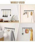 Kitchen Utensil Hanger, Adhesive Utensil Holder Wall Mount Kitchen Rack Rail with 12 Hooks, Space Saving, Black, shown in use in kitchen and bathroom.