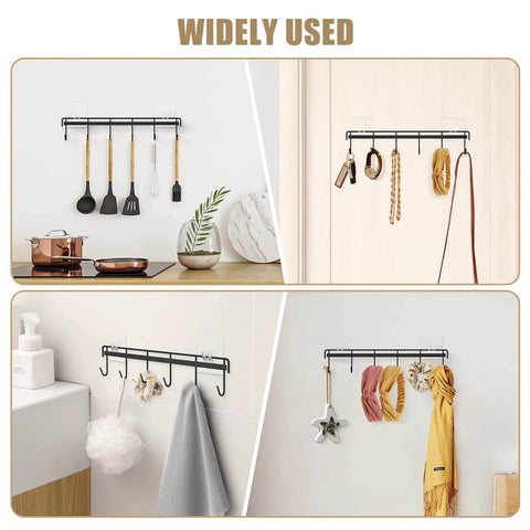 Kitchen Utensil Hanger, Adhesive Utensil Holder Wall Mount Kitchen Rack Rail with 12 Hooks, Space Saving, Black, shown in use in kitchen and bathroom.