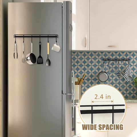Kitchen Utensil Hanger, Adhesive Utensil Holder Wall Mount Kitchen Rack Rail with 12 Hooks, black, installed on a fridge with utensils