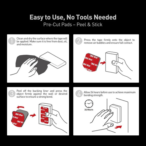 Diagram showing installation process for Heavy Duty Double Sided Adhesive Pads for Dash Cam Mounts 2.2 x 2.2 Inches