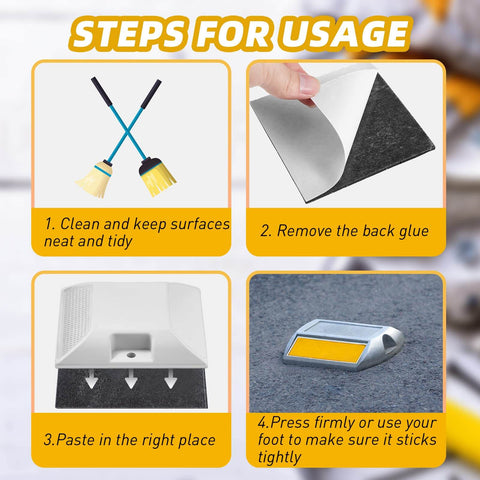 Steps for usage showing 20 Pcs Adhesive Pads For Road Reflectors, 4 Inch Driveway Marker Tape Adhesive Pads For Street Pavement And Asphalt