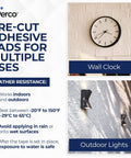 Image of pre-cut adhesive pads used for wall clock and outdoor lights installation, highlighting weather resistance information.