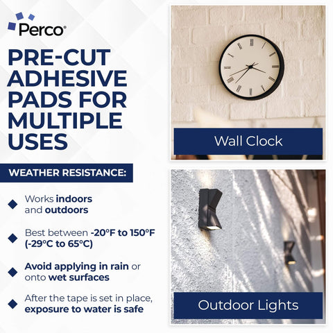 Image of pre-cut adhesive pads used for wall clock and outdoor lights installation, highlighting weather resistance information.