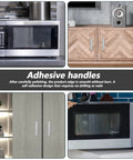 Adhesive Cabinet Handles Peel And Stick No Drill Silver Five Point Five Inch Drawer Pulls installed on various surfaces.