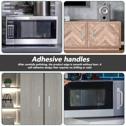 Adhesive Cabinet Handles Peel And Stick No Drill Silver Five Point Five Inch Drawer Pulls installed on various surfaces.