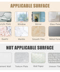 Kitchen Utensil Hanger surface compatibility chart showing applicable surfaces like acrylic, mirror, marble, and non-applicable surfaces like cement.