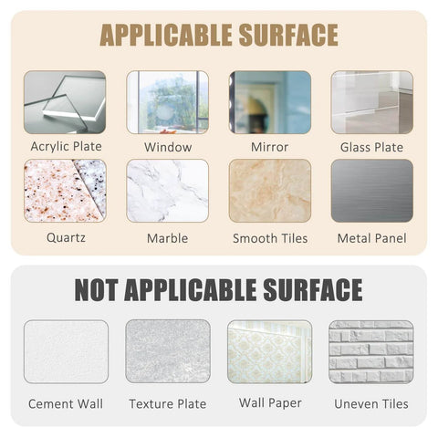 Kitchen Utensil Hanger surface compatibility chart showing applicable surfaces like acrylic, mirror, marble, and non-applicable surfaces like cement.