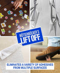Motsenbocker's Lift Off 40701 Tape, Label, and Adhesive Remover safely removes adhesives from surfaces like carpets and walls.