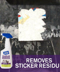 Motsenbocker's Lift Off 40701 Tape, Label, and Adhesive Remover 22 Fl Oz pack next to cleaned adhesive area on surface