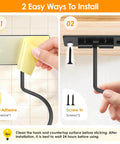 Two installation methods for a wall hook: self-adhesive application on tile wall, and screw mounting on wooden surface.
