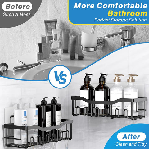 Adhesive Shower Caddy Set 5 Pack Rustproof Stainless Steel Bath Organizers With Large Capacity No Drilling Mounts installed on tile wall
