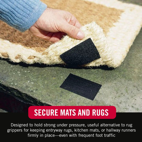 Heavy Duty Adhesive Squares For Wall Mounting And Crafts Built To Hold Up To 10 Pounds With Stick Like Crazy Industrial Strength Hook And Loop Fasteners For Metal Glass Plastic And Painted Drywall By Velcro Brand showing application under a rug.