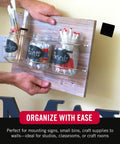 Hands installing shelves with Heavy Duty Adhesive Squares For Wall Mounting And Crafts Built To Hold Up To 10 Pounds With Stick Like Crazy Industrial Strength Hook And Loop Fasteners For Metal Glass Plastic And Painted Drywall By Velcro Brand.