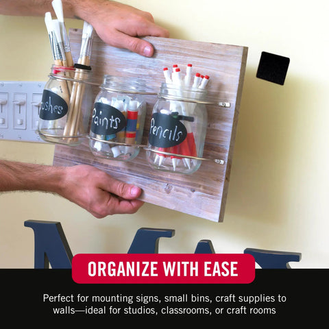 Hands installing shelves with Heavy Duty Adhesive Squares For Wall Mounting And Crafts Built To Hold Up To 10 Pounds With Stick Like Crazy Industrial Strength Hook And Loop Fasteners For Metal Glass Plastic And Painted Drywall By Velcro Brand.
