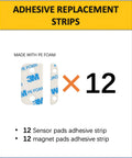 Adhesive Replacement Strips For Contact Sensor Second Gen Pre Cut Double Sided Tape 12 Pack with sensor and magnet pads.