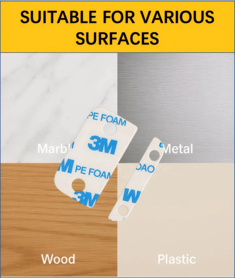 Adhesive Replacement Strips For Contact Sensor Second Gen Pre Cut Double Sided Tape showing compatibility with marble, metal, wood, plastic
