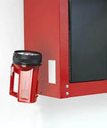 Heavy Duty No Nail Stick On Adhesive Strips For Hassle Free Quick Mounting Indoor Outdoor Use 4 Inch By 2 Inch 2 Pack Holds Up To 10 Lbs On Smooth Surfaces Great For Plastic Metal Painted Wallboard mounting a red flashlight on a red cabinet.