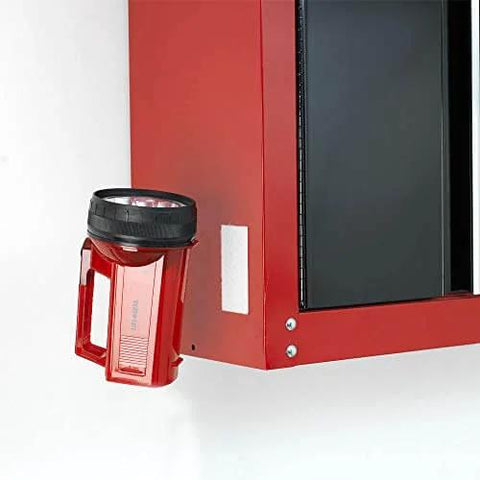 Heavy Duty No Nail Stick On Adhesive Strips For Hassle Free Quick Mounting Indoor Outdoor Use 4 Inch By 2 Inch 2 Pack Holds Up To 10 Lbs On Smooth Surfaces Great For Plastic Metal Painted Wallboard mounting a red flashlight on a red cabinet.