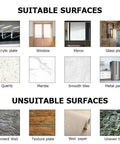 Image showing suitable and unsuitable surfaces for Adhesive Wall Hooks Rack Kitchen Rail installation.