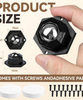 Close-up of a hand holding a 1-inch heavy duty self adhesive swivel caster wheel with screws and adhesive pads shown below.