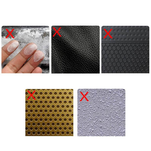 Close-up of various surface textures with 'X' marks for Heavy Duty Double Sided Tape For Car, Motorcycle, Home, Office And Outdoor Use compatibility.